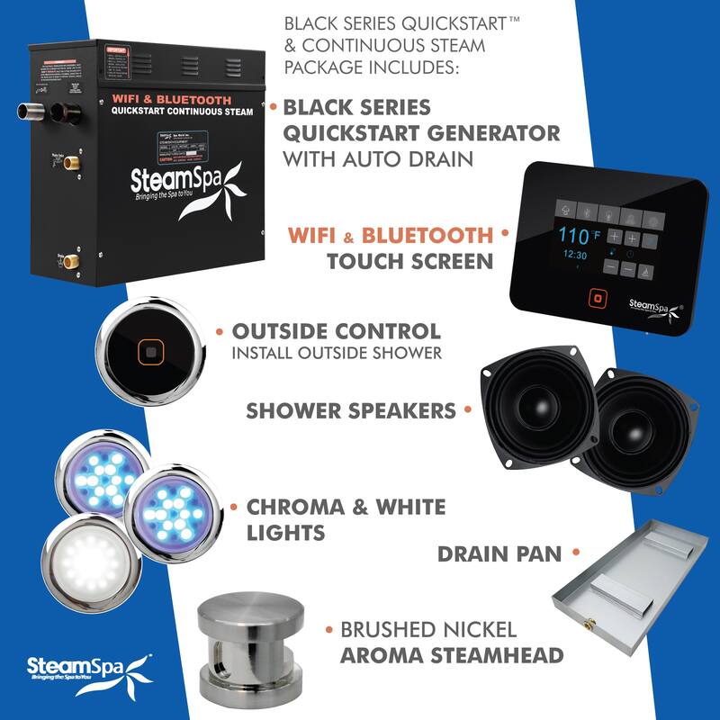Black Series WiFi and Bluetooth 4.5kW QuickStart Steam Bath Generator Package with Dual Aroma Pump in Brushed Nickel