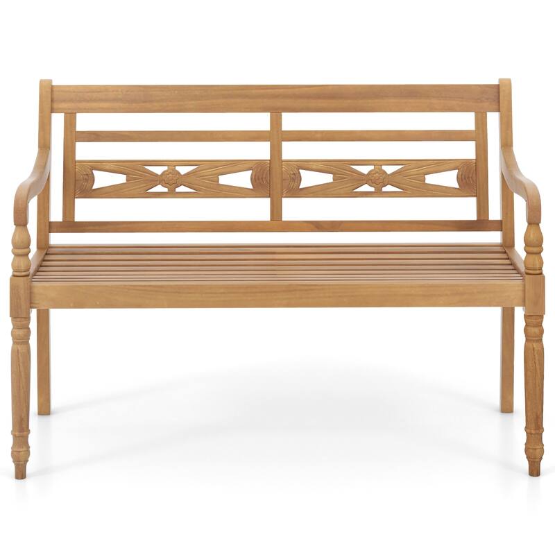 Teak Wood Patio Bench for 2 with Comfortable Backrest & Armrests - 47" L x 20" W x 32.5" H