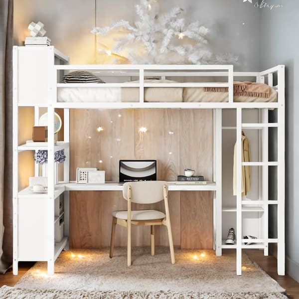 slide 2 of 32, Full Size Loft Bed with Storage Cubes and Shelves, Heavy Duty Loft Bed for Kids Teens Adults White
