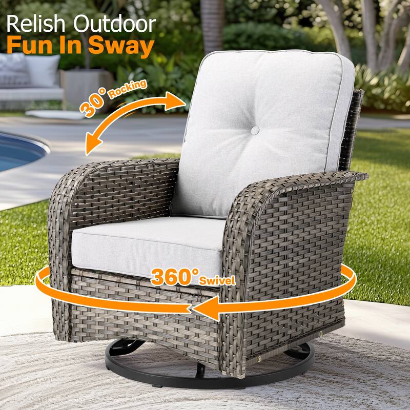 OVIOS 7-piece Patio Wicker Swivel Rocking Chair Set With Fire Pit