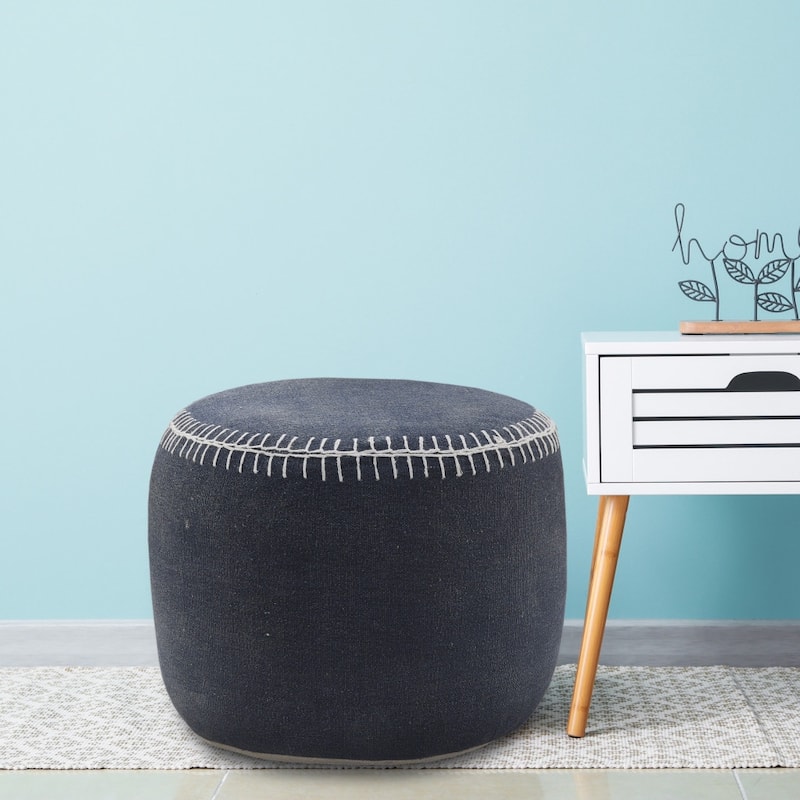 Blue Cotton Striped Pouf Ottoman for Footrest, Seat or Table, 18 Inch