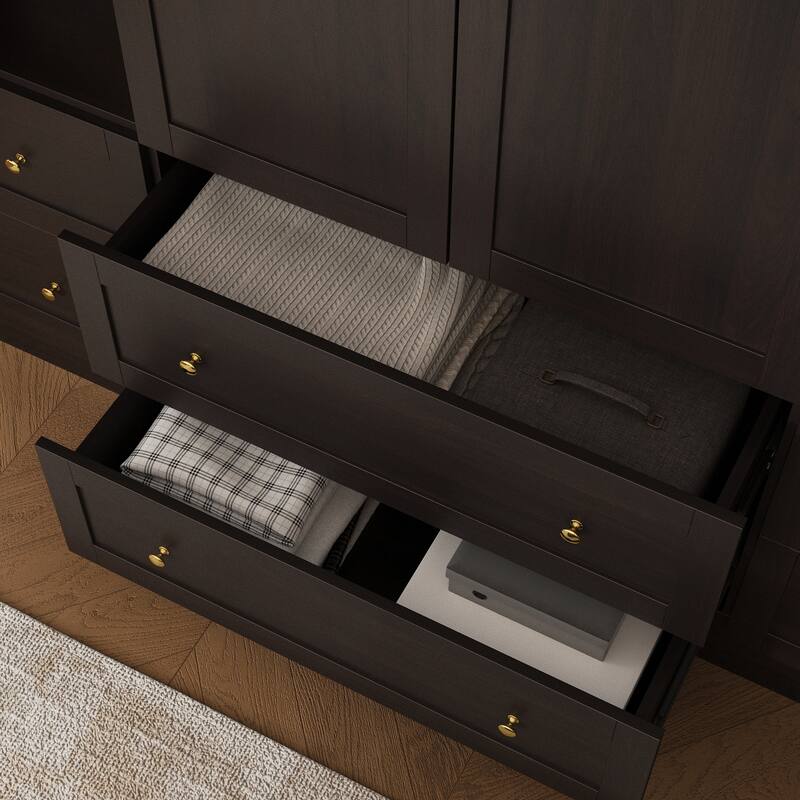 White Wardrobe Closet with Gold Handles - Modern Storage Cabinet with Drawers