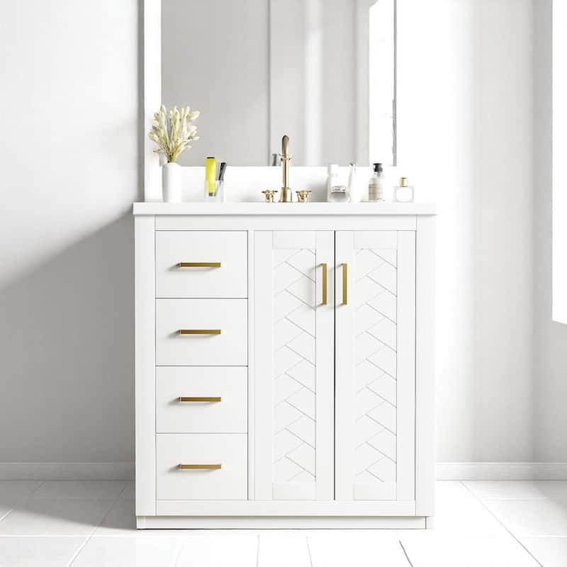 30'' Bathroom Vanity with Sink, Solid Wood Frame, 3 Drawers & 2 Soft-Close Doors, Freestanding Cabinet - White