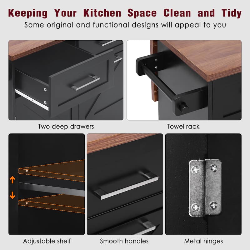 47.2"Farmhouse Kitchen Island with Drop Leaf, Removable Side Racks,Two Drawers,Rolling Kitchen Cart on Wheels with Towel Rack