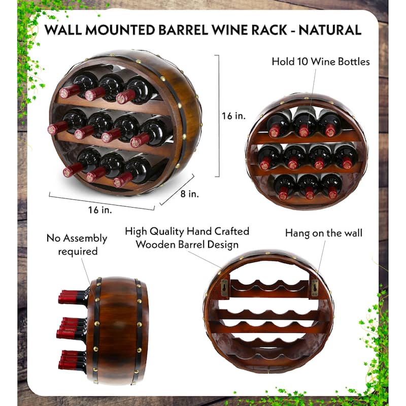 CoTa Global Barrell Wine Rack - Natural Wood Industrial Wall Mounted - 16″Lx16″Wx8″H