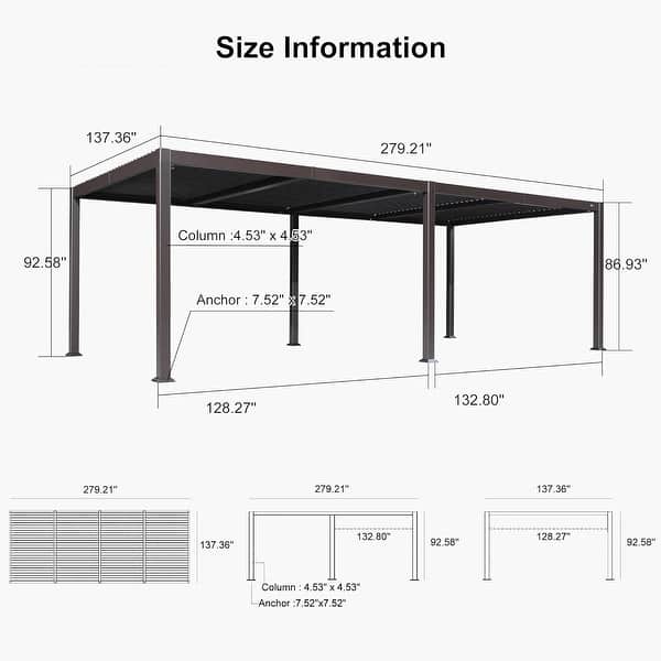 dimension image slide 25 of 36, PURPLE LEAF Outdoor Louvered Pergola with Adjustable Metal Roof for Patio Pergola