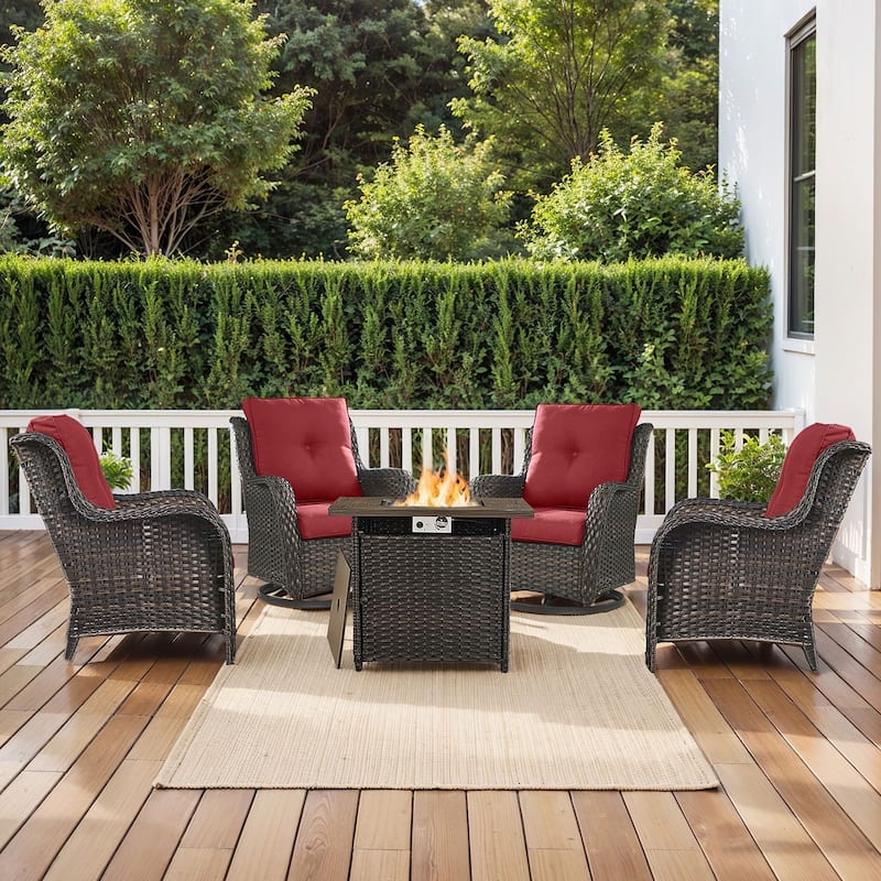 Pocassy Fire Pit Table with Sofa Swivel Chairs Set - Brown Wicker Red Cushion - 7 Pieces Chairs with Fire Table