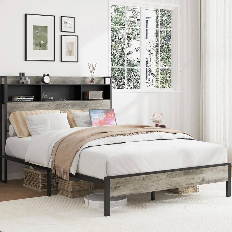 Platform Bed Frame with Storage & USB Ports, No Box Spring Needed