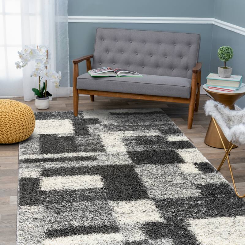 World Rug Gallery Distressed Modern Boxes Plush Shag Area Rug