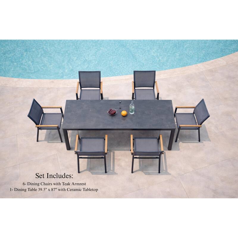 Quay Dark Grey 7-Piece Aluminum Outdoor Dining Set with Tribeca with Ceramic Glass Table Top - N/A