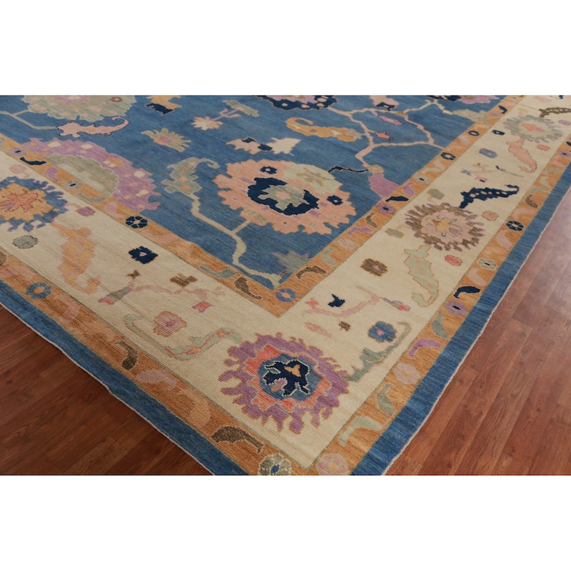 Hand Knotted Oriental 100% Wool Carpet Transitional All-Over Navy Blue & Blues Oushak Area Rug - 15' 7'' X 12' 3''