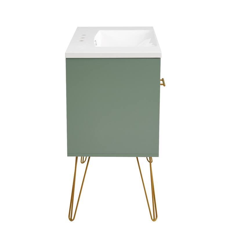 Freestanding Green Storage Cabinet for Bathroom Vanity with Resin Sink, 2 Drawers, 2 Storage Compartments and Gold Handles
