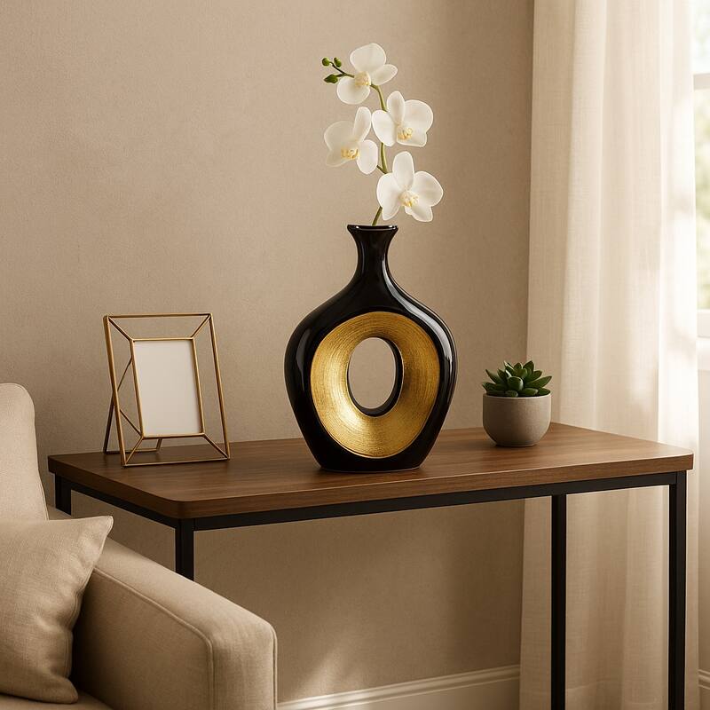 Modern Ceramic Textured Oval Cut-Out Vase - Home Decor - 13"