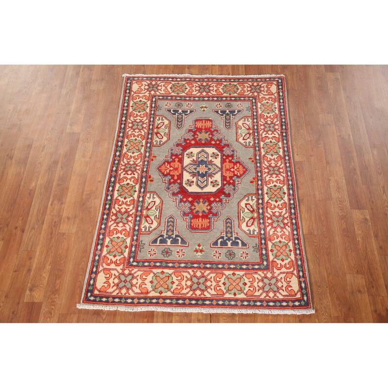 Geometric Kazak Rug Hand-Knotted Grey Wool Carpet - 3'3"x 4'10"