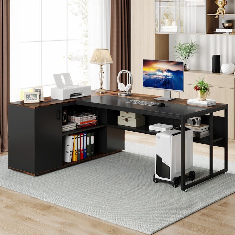 71 inch L Shaped Executive Desk with Cabinet, Corner Computer Desk (Rustic Brown)