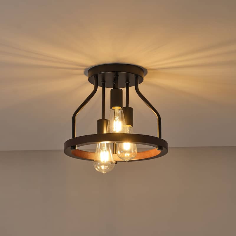 Starsky 3-Light Farmhouse Round Wood Flush Mount Ceiling Light, Industrial Caged Beech Wood Fixture with Black Metal Canopy