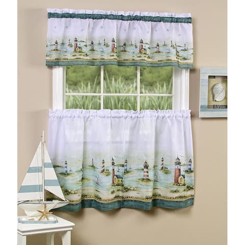 Hamptons Printed Kitchen Curtain Tiers & Valance Set, 58x13 & 58x36 Inches