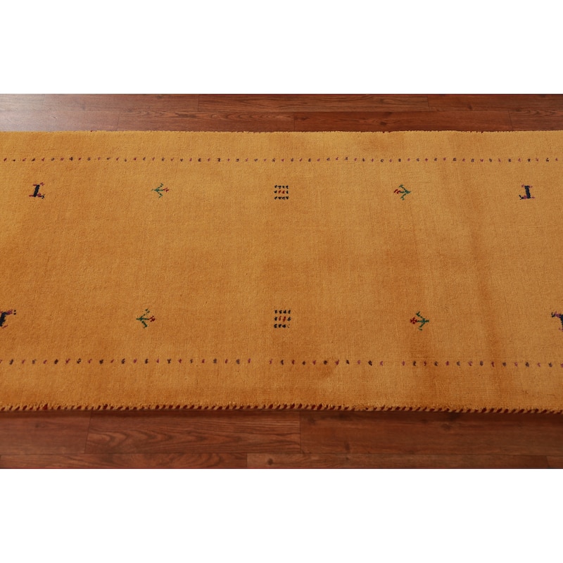 Hand Knotted Oriental 100% Wool Carpet Tribal Animal Pictorial Yellow & Gold Gabbeh Runner Rug - 9' 10'' X 2' 6''