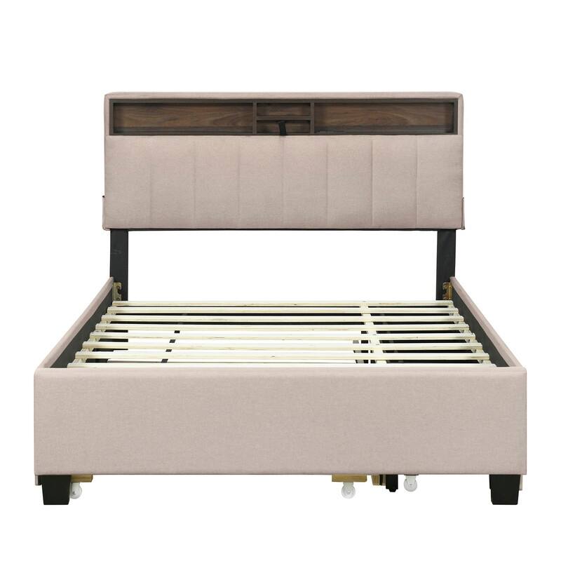 Full Size Upholstered Bed with Storage Headboard,Platform Bed with Trundle,2 Drawers and Charging Station