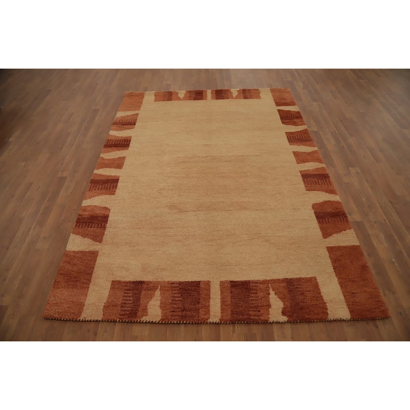 Hand Knotted Oriental 100% Wool Carpet Modern Bordered Brown Gabbeh Area Rug - 7' 9'' X 5' 7''