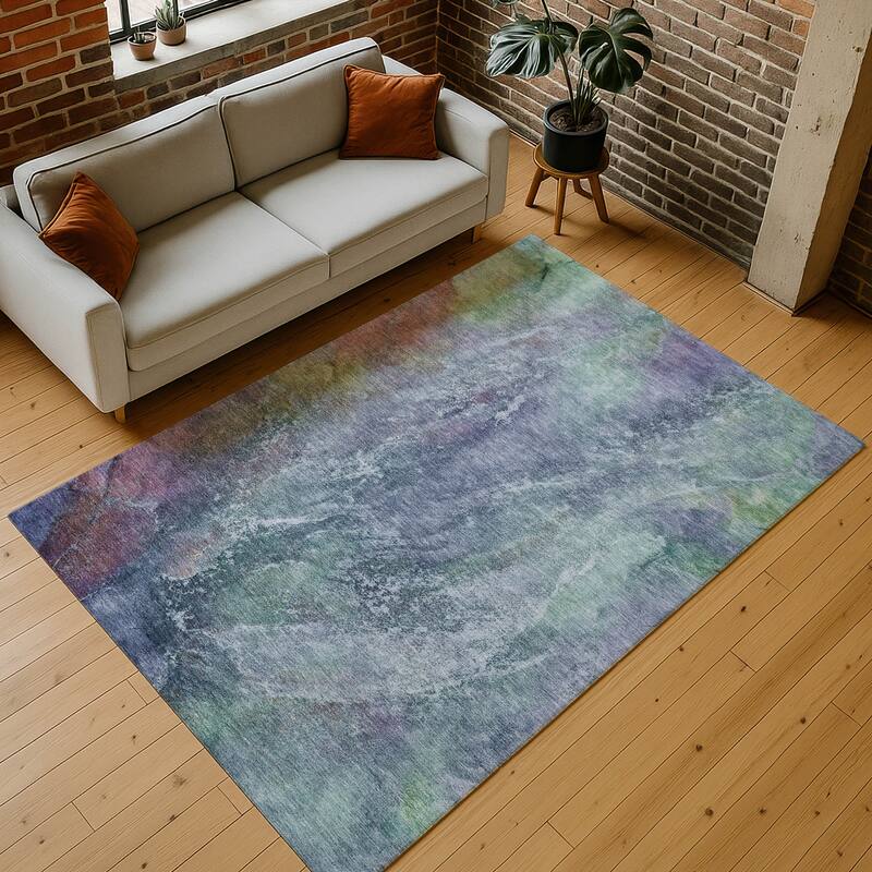 Machine Washable Indoor/ Outdoor Abstract Watercolor Chantille Rug