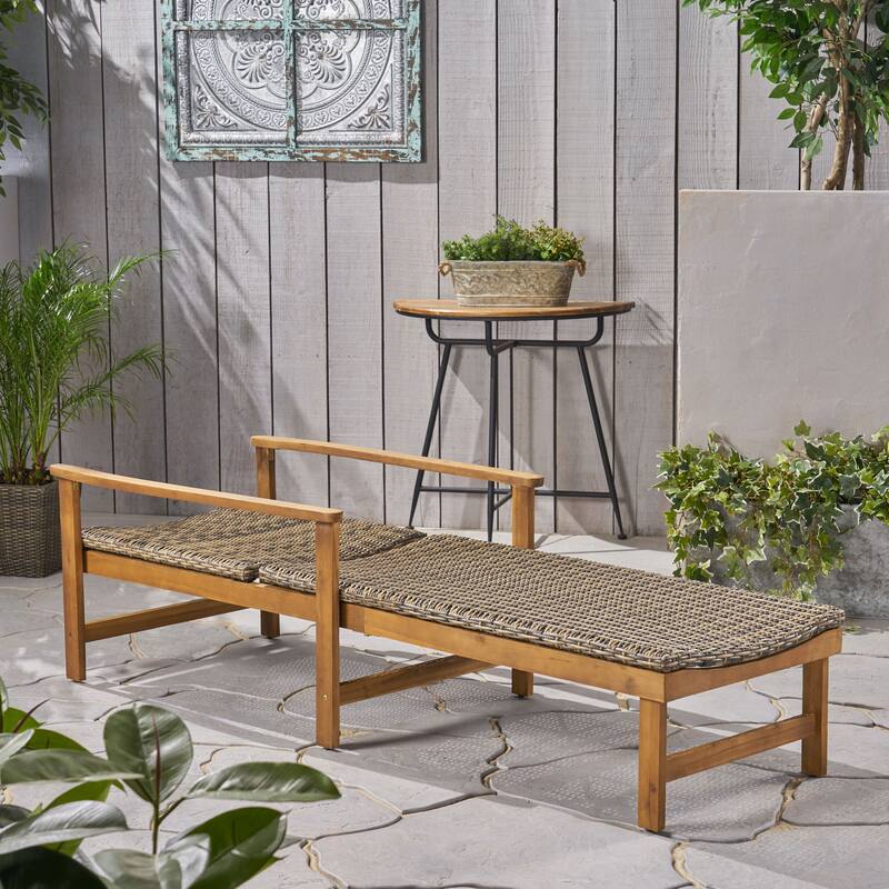 Roomfitters Wood and Wicker Chaise Lounge with Adjustable Backrest for Outdoor Sunbathing and Comfortable Patio Seating, Natural