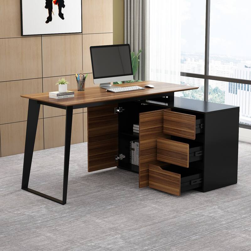 54.3" Home Office Computer Desk Corner Desk With Drawers and Cabinet