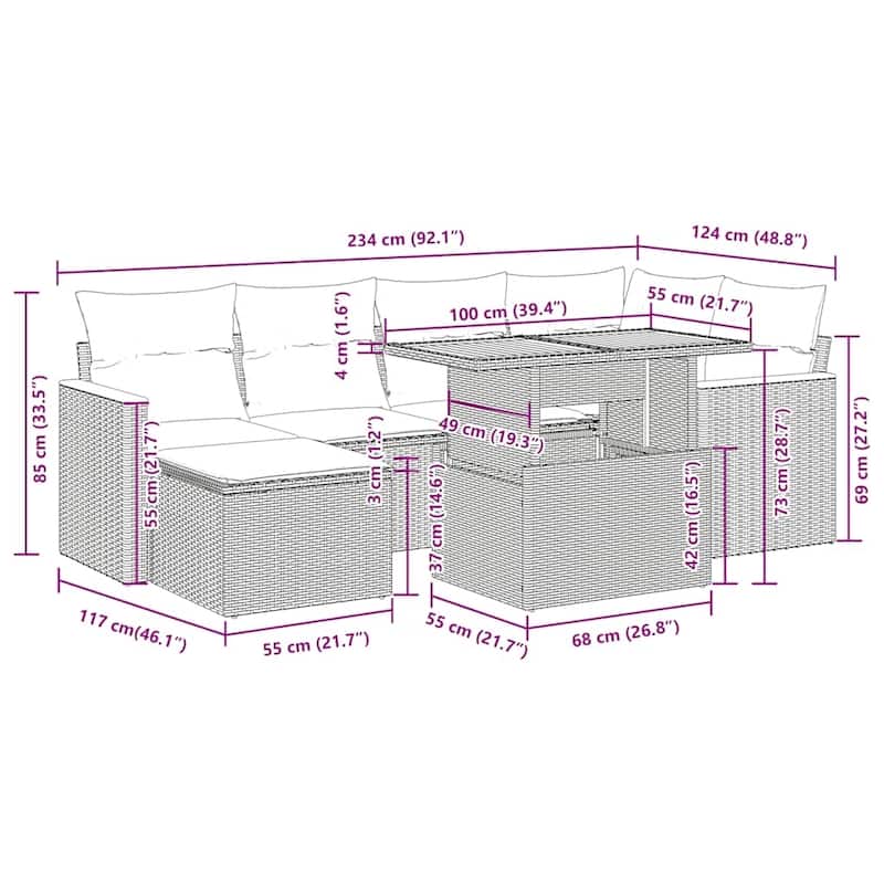 vidaXL Patio Sofa Set with Cushions Stool and Sofas 7 Piece Poly Rattan Acacia - 21.7 x 39.4 x 28.7 in