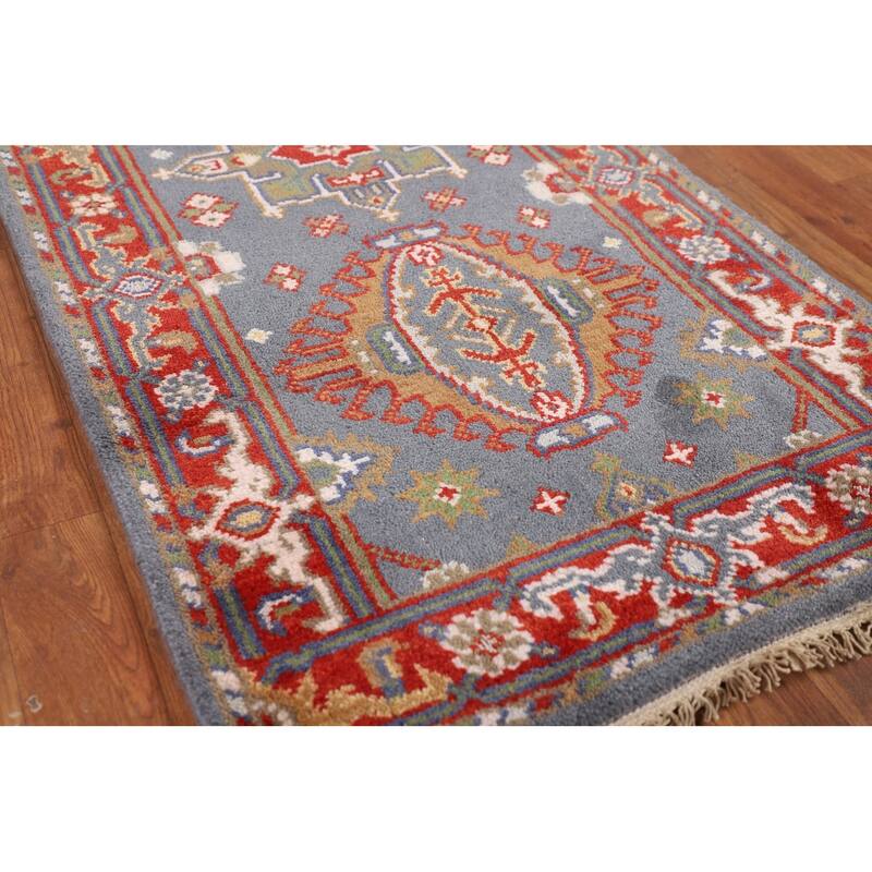 Blue Geometric Khotan Oriental Runner Rug Handmade Wool Carpet - 2'6"x 10'0"