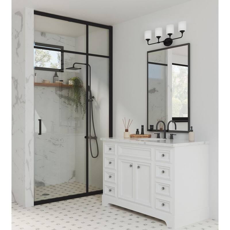 Lynzie Collection Four-Light Matte Black Etched Opal Glass Modern Bath Vanity Light - 33.25 in x 5.625 in x 11.125 in