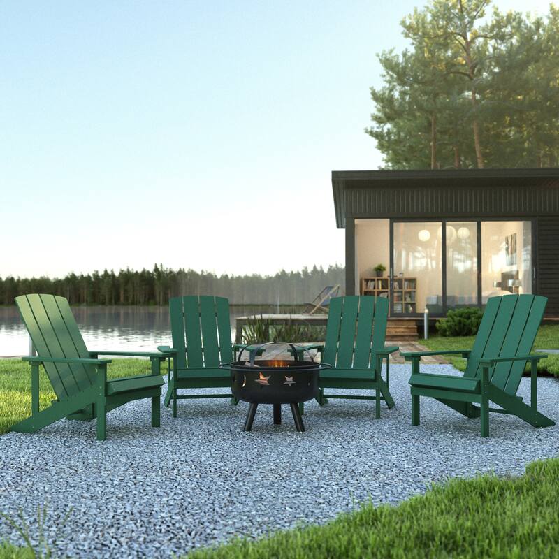 Star and Moon Fire Pit with Mesh Cover & 4 Poly Resin Adirondack Chairs - Green