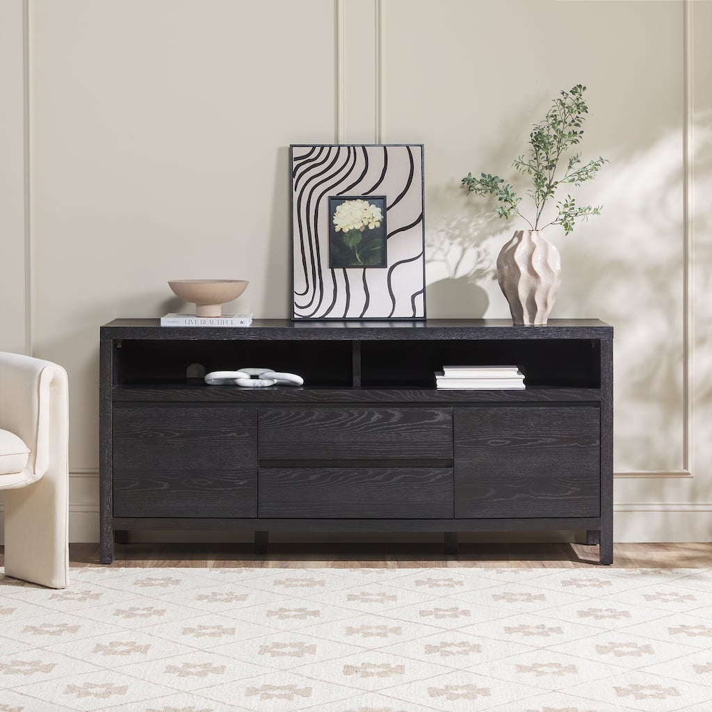 Walker Edison Farmhouse Rustic Solid Oak Wood 65" Sideboard with Storage