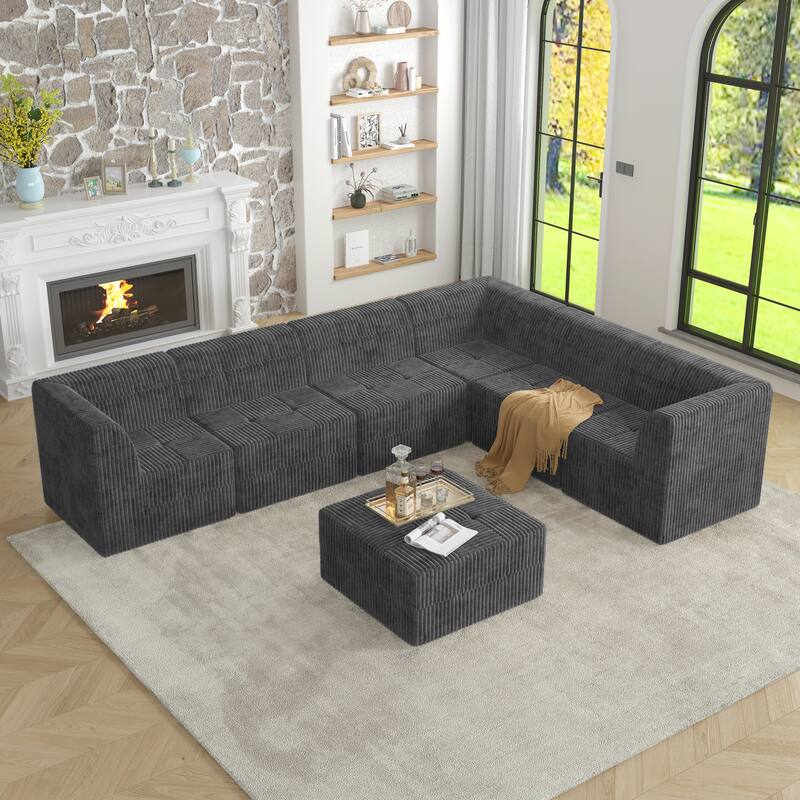 Roomfitters L-Shape Modular Sectional Sofa, Corduroy Sleeper Couch with Ottoman, Space-Saving Design for Living Room