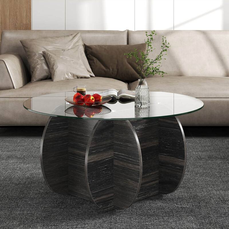 Costway 35" Round Coffee Table Modern Accent Table with Tempered Glass - Dark Rustic Oak - See Details