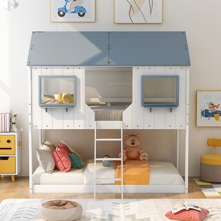 Designs Low Bunk Bed Twin Over Twin , Wood House Bunk Bed with Roof, Window, Guardrail, Ladder for Kids