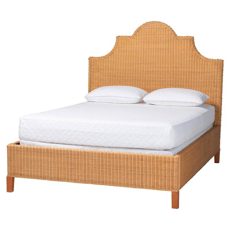 Melanie Natural Rattan Bed - Coastal Boho Bed Frame with Scalloped Headboard - King