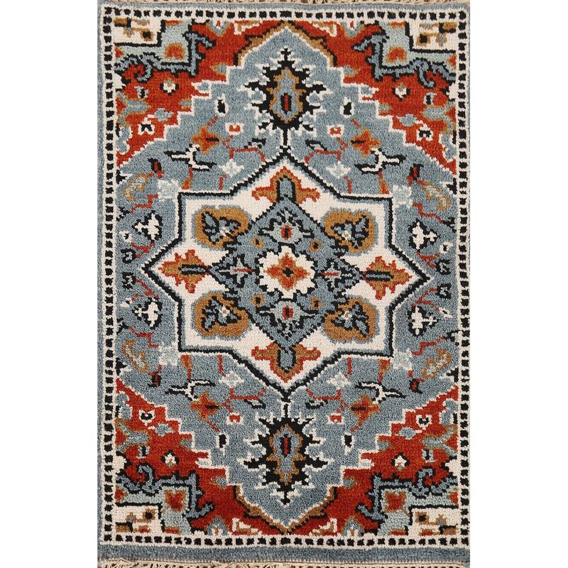 Geometric Blue Kazak Indian Foyer Rug Hand-Knotted Wool Carpet - 2'0" x 3'0"