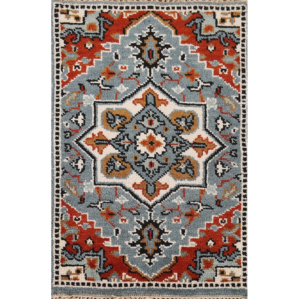 Geometric Blue Kazak Indian Foyer Rug Hand-Knotted Wool Carpet - 2'0" x 3'0"