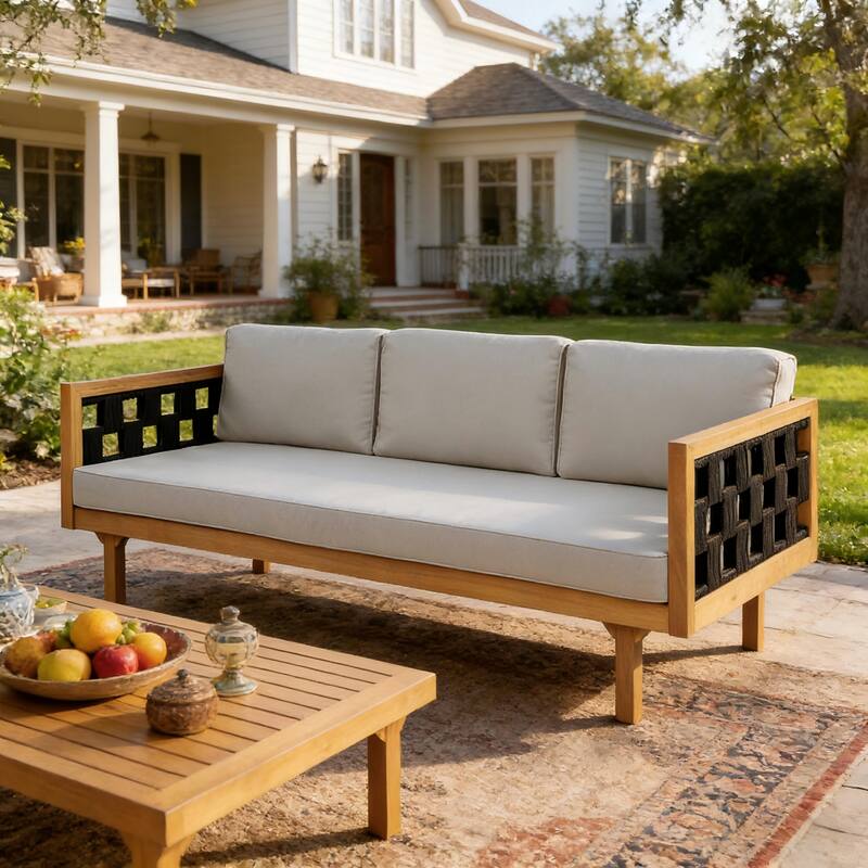 Christopher Knight Home - Claremont Outdoor Acacia Wood Three-Seater Daybed and Round Coffee Table Set - Teak Finish+Light Grey Cushion & Black rope