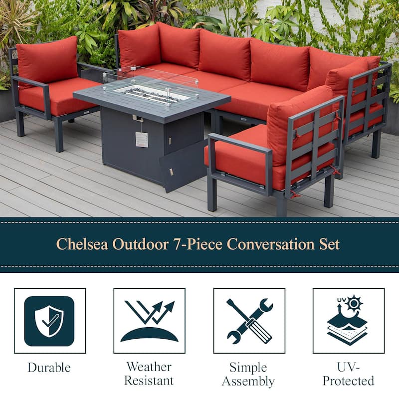 Outdoor 7-Piece Patio Sectional Set Aluminum Frame W/ Fire Pit Table