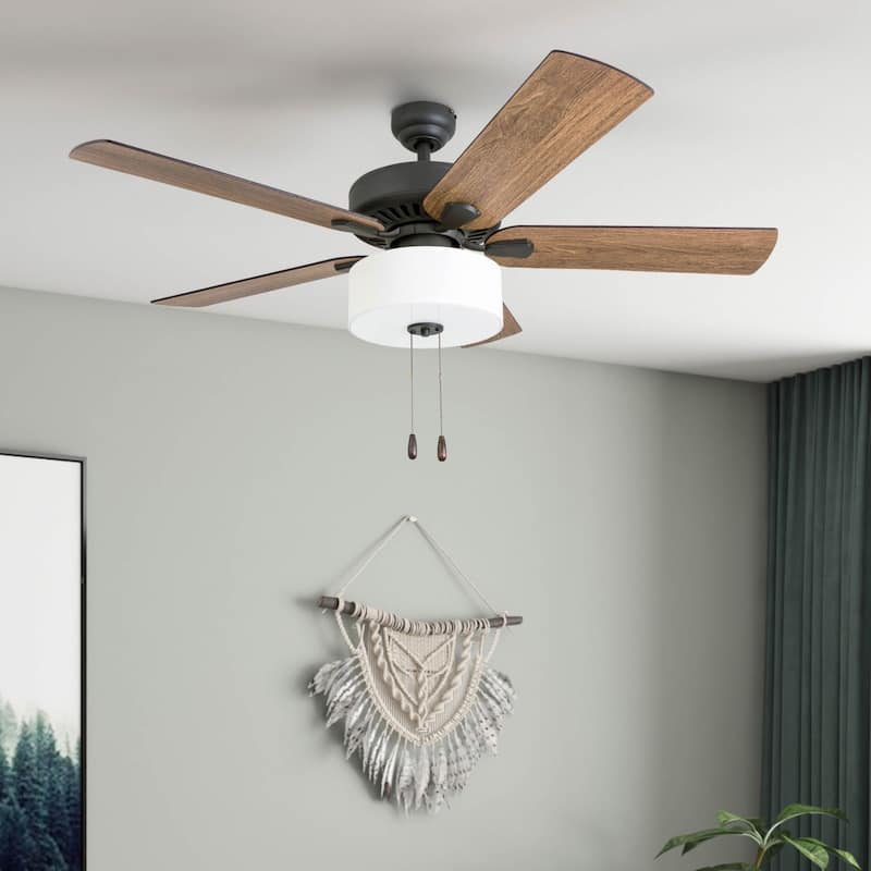 The Gray Barn Hatekin Farmhouse 52-inch Aged Bronze LED Ceiling Fan in Linen Drum Light