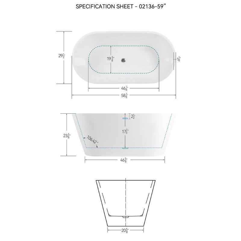 59 in. x 30 in. Acrylic Freestanding Soaking Bathtub with Center Drain in Glossy White