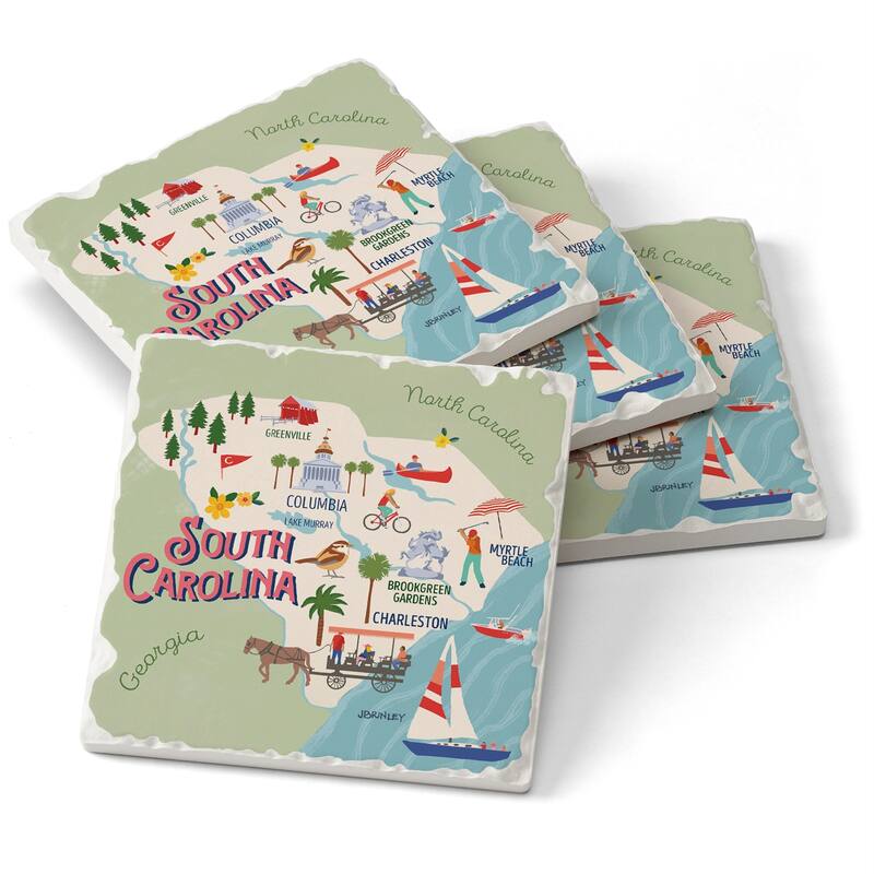 Absorbent Stone Beverage Coasters - Set of 4 - - State Attractions - SC - Multi-52