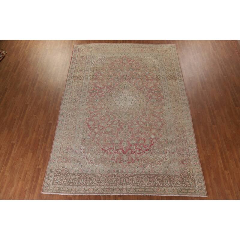 Hand Knotted Oriental 100% Wool Carpet Traditional Floral Pink Mashad Area Rug - 13' 9'' X 9' 7''
