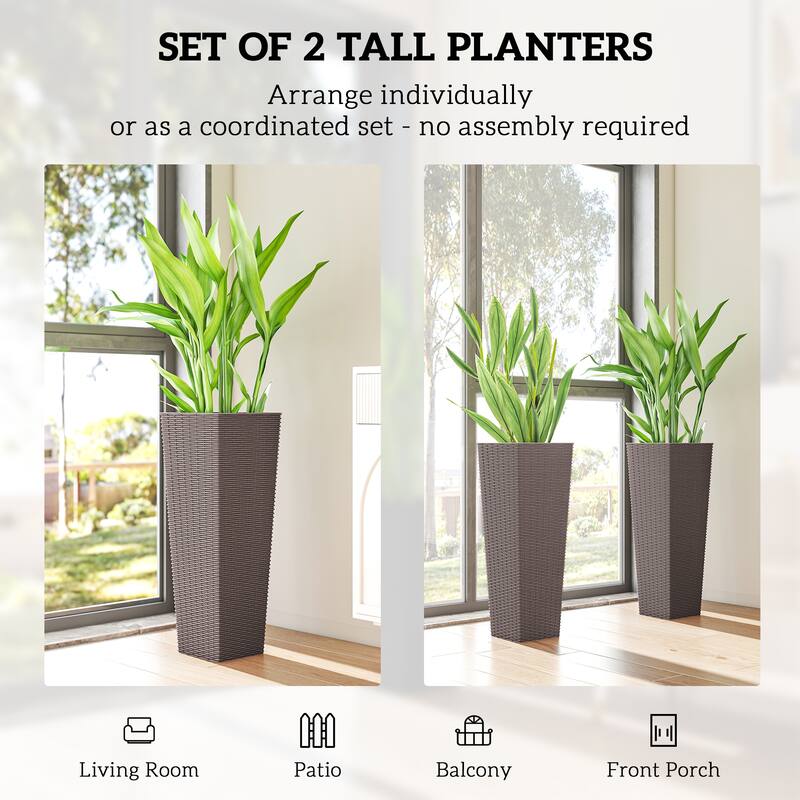 Outsunny 32 Inch Tall Planters for Outdoor Plants, Set of 2 Plastic Rattan-Like Flower Pots with Drainage Holes