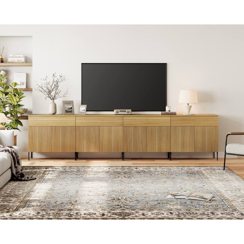 31.5" Modern Reeded TV Stand With Doors, Entertainment Center With Shelf, Wooden TV Console - 4PCS - Oak