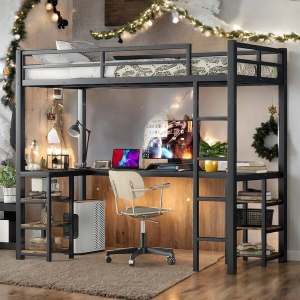 slide 2 of 14, Black Twin XL Metal Loft Bed with Desk and Shelves, Loft with Ladder and Guardrails for Kids Black