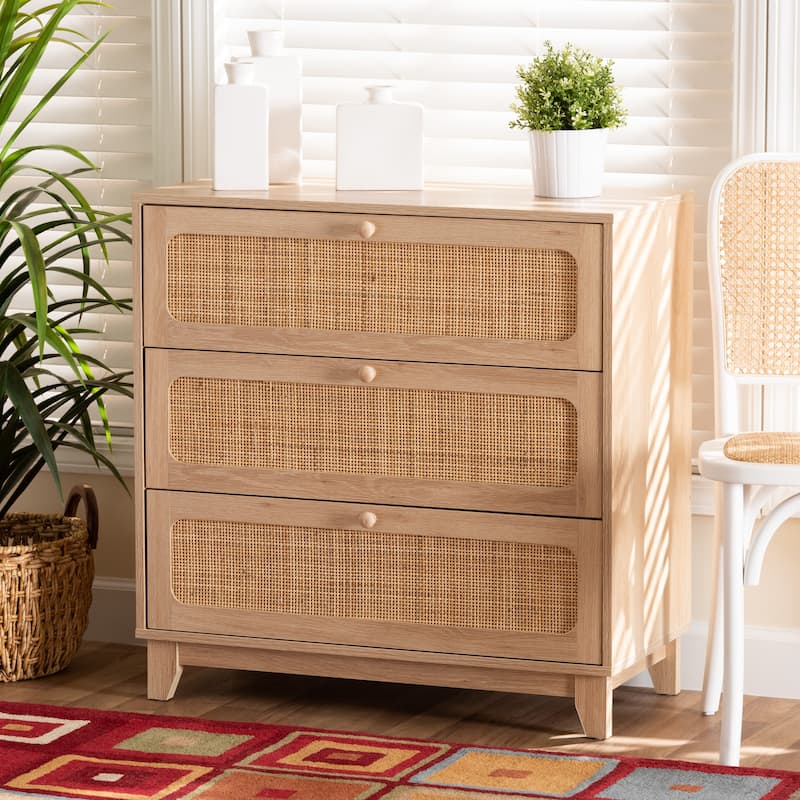 Elsbeth Japandi Oak Brown Finished Wood and Natural Rattan 3-Drawer Storage Cabinet