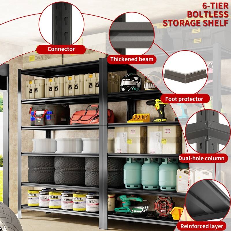 5/6-Tier Adjustable Heavy Duty Metal Storage Shelves, Black, 72/82"H