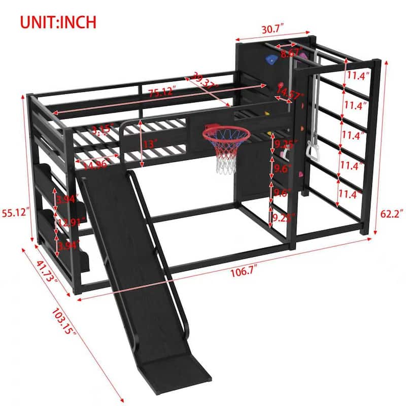 Metal Loft Bed with Basketball Hoop, Pull-up Rings, Climbing Wall and Built-in Bookshelves, Heavy Duty Metal Loftbed Frame